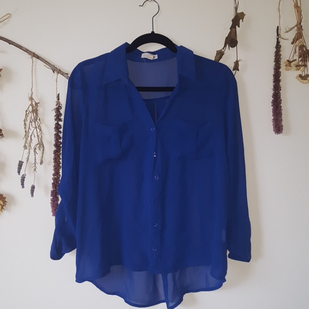 Deep blue sheer button down blouse